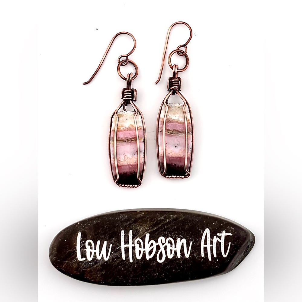 HANDMADE Pink Opal Copper Wire Wrapped Dangle Earrings, Artisan Jewelry Gift